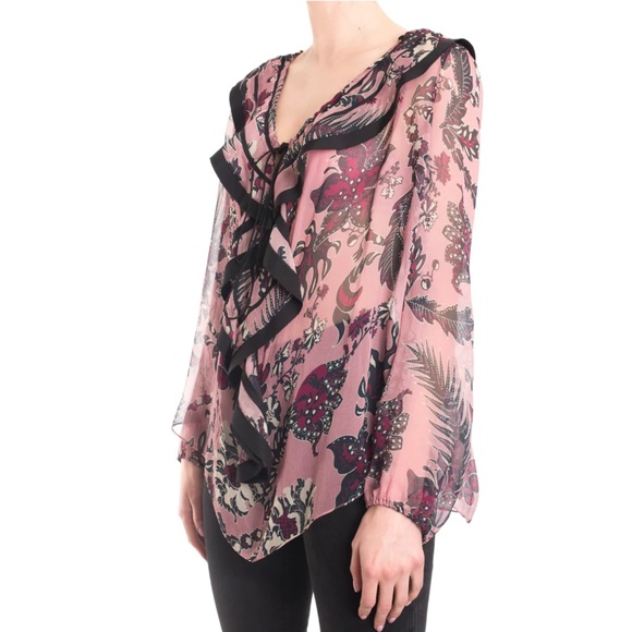 CHLOE Ruffled Cactus-Print Silk Blouse, Pink/Burgandy - Picture 5 of 12